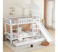 Litera, cuna, cajón grande con ruedas, tobogán divertido para niños, exquisito techo y ventana, pino + MDF + madera contrachapada, blanco, 90 x 200 cm