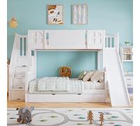 Litera, cuna con ventana, con tobogán infantil, cajones con ruedas, escaleras con pasamanos, con 4 armarios en la escalera, diseño versátil, amplio espacio de almacenamiento, 90 x 200 (295 x 125 x
