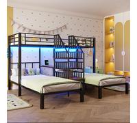 Litera de 140 x 200 cm + 90 x 200 cm, 3 camas, con barra de luz LED, escalera integrada con espacio de almacenamiento, con 2 puertos USB + 1 enchufe, con escritorio, con estante, sin colchón (negro A)