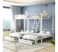Litera de 3 plazas 90 x 200 y 140 x 200 con cajones, cama alta de 3 plazas, marco de cama de metal, cama infantil con barrera, transformable en un doble 140 x 200 y dos individuales 90 x 200 (blanco)