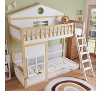 Litera de 90 x 200 cm, cama-casita, cama alta con escalera, barandilla y puerta de seguridad, cama infantil con techo y ventana, base personalizable, estructura de pino, color blanco y natural.