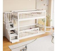 Litera de 90 x 200 cm, cama infantil con escalera de seguridad y cajones, cama individual de madera con espacio de almacenamiento, para niños, adolescentes (blanco, 90 x 200 cm)