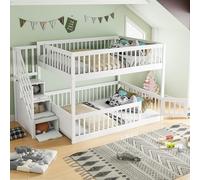 Litera de 90 x 200 cm, cama infantil con escalera de seguridad y cajones, cama individual de madera con espacio de almacenamiento, para niños, adolescentes (blanco, 140 x 200 cm)