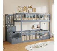 Litera de 90 x 200 cm, cama infantil con escalera de seguridad y cajones, cama individual de madera con espacio de almacenamiento para niños, adolescentes (gris, 90 x 200 cm)