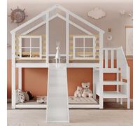 Litera de 90 x 200 cm, cama infantil con somier y protección contra caídas | Cama doble, cama alta con techo, escalera, tobogán, ventana y rejilla, cama juvenil, marco de cama de madera maciza