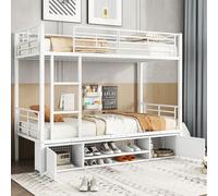 Litera de 90 x 200 cm, cuna con armario abierto y 2 armarios de | Cama individual con escalera lateral y somier, cama juvenil, cama de hierro para niños y jóvenes, hierro, sin colchón