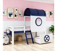 Litera de 90 x 200 cm - Media altura con techo y ventana, cajón con ruedas, 2 niveles inclinados, color blanco y azul oscuro (pino/MDF/madera contrachapada)