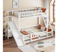 Litera de 90 x 200 cm y 140 x 200 cm, barandilla, madera de pino, tobogán, escalones, En747, varios estantes, sacar pequeña puerta, sin colchón, blanco