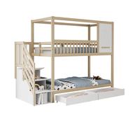 Litera de 90x200 cm de madera maciza - diseño de casita con ventanas, barandilla de seguridad, cajones y escalera, madera natural.