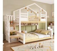 Litera de aspecto de madera natural, superior 90 × 200, inferior 140 × 200. Armario para escaleras, espacio de almacenamiento, estanterías, ascenso seguro para niños y jóvenes, sin colchón, beige +