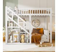 Litera de Madera con Almacenaje, Cama Juvenil 90x200 cama litera Blanca con Vallado Alto Cama Alta 90x200 con Escalera Lateral, Sin Colchón ni Escritorio en el Primer Piso (C Blanco, 90x200 cm)
