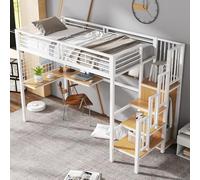 Litera de metal 90 x 200 cm, con barrera anticaídas, hierro, color blanco | Cama individual con mesa, armario y escalera lateral con pasamanos, cama juvenil, cama de hierro, para niños, sin colchón