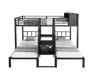 Litera de metal para niños y familias con escalera, cama de hierro resistente con tres camas, somier de láminas y espacio de almacenamiento, ideal para habitaciones infantiles, habitaciones de