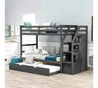 Litera de tamaño individual sobre cama matrimonial y almacenamiento de madera maciza, literas de barandilla de protección, literas de escalera matrimonial sobre matrimonial con 3 cajones (blanco