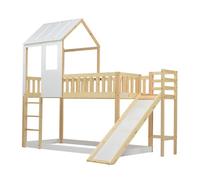 Litera, escalera, tobogán, cama-casita, techo, ventana, protección, pino, natural+blanco, 90x200cm