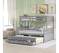 Litera individual sobre matrimonial con cama nido de tamaño individual, cama de madera separable con tres cajones y sistema de soporte de listones para dormitorio, no requiere somier, 77 pulgadas de