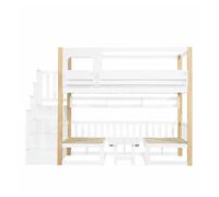 Litera infantil 90x200 cm - con escritorio ajustable en altura, estantería integrada y escalera con almacenamiento - blanco y natural