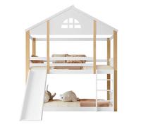 Litera infantil 90x200 cm - con ventanas, tobogán, escalera de ángulo y barandillas de seguridad - blanco+natural
