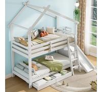 Litera infantil, cama doble, cama infantil multifuncional, con 2 cajones, sin colchón, madera maciza, con armario de almacenamiento, con cortina extraíble (90 x 200 cm, blanco)