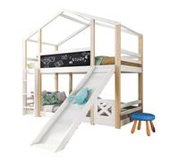 Litera Infantil Casa del Árbol con Tobogán y Escalera, 90x200 cm - Cama Alta 2 Somieres para Niños, para Niños, Adolescentes, Diseño Seguro en Blanco y Natural