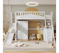 Litera infantil con protección contra caídas, tobogán, mesa y armario, 90 x 200 cm, color blanco, de madera de pino y MDF, segura, estable y ahorra espacio, con mucho espacio de almacenamiento.