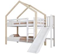 Litera Infantil con Tobogán y Escalera de 3 Niveles | Cama-Casita con Protección Anticaídas | Estructura Madera Maciza | Color Blanco + Natural | 90 x 200 cm