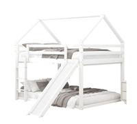 Litera infantil de 140x200 cm - escalera y tobogán, diseño de casita, estructura de madera blanca.