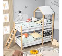 Litera infantil de 90 x 200 cm, camas altas de 2 plazas con escalera y pizarra, camas cabaña niños 90 x 200, cama infantil de 2 plazas con barrera y somier de listones, sin colchón, madera maciza