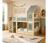 Litera infantil de 90 x 200 cm, con barandilla en forma de nube, estructura de techo con ventanas, escalera de almacenamiento, estantes y cajones, cuna de madera, cama para niños y niñas, cama doble