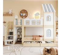 Litera infantil de 90 x 200 cm, con barandilla en forma de nube, estructura de techo con ventanas, escalera de almacenamiento, estantes y cajones, cuna de madera, cama para niños y niñas, cama doble