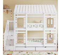 Litera infantil de 90 x 200 cm, con protección anticaída y somier, color | Cuna, cama doble con techo, ventana, 2 cajones con ruedas, escalera con 4 estantes, cama juvenil, cama de madera, pino
