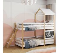 Litera infantil de 90 x 200 con escalera, cama entrepiso para niños con pizarra negra, camarote con valla, literas en dos posiciones, habitación infantil de pino (natural y blanco, 90 x 200)