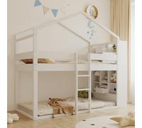 Litera Infantil de Madera con Almacenaje en Ambas Camas, Cumple Norma EN747, Cama Juvenil con Somier y Espacio de Almacenaje, Apta para Dormitorio y Habitación Compartida, Blanco, 90 x 200 cm