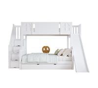 Litera infantil de madera de pino 90x200cm con 1 cajón,tobogán,ventana,escalera con almacenaje y protección contra caídas,blanco