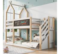 Litera Infantil de Madera Maciza con Diseño Casa del Árbol y Pizarra, Cama Alta con Almacenaje en Escalera y Barrera de Seguridad, Cama Juvenil para Dormitorio Infantil, Blanco y Natural, 90 x 200 cm