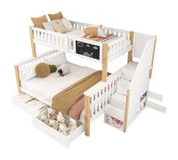 Litera Infantil Multifuncional con Escalera y Cajones - Cama Doble 90x200 +140x200 cm, Barandilla Anticaída, Pizarra Integrada - Madera de Pino, Sin Colchón, Blanco+Luz