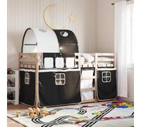 Litera Juvenil con Cortinas, Madera de Pino Natural, Diseño con Barreras de Seguridad y Escalera, Literas Juveniles Ideal para Habitaciones Infantiles o Juveniles, Color Blanco y Negro, 75x190 cm