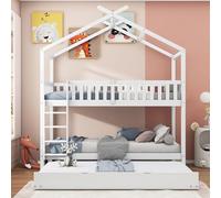 Litera, Litera infantil, Cama nido con cama extraíble, Cama juvenil, Cama alta infantil para 3 niños, Litera familiar con estructura, Blanca, Sin colchón