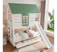 Litera para 2 niños, cuna con tobogán, cama alta, litera 90 x 200, con tobogán y 2 cajones, con rieles protectores, sin colchón, 205,4 x 236,5 x 228,6 cm (blanco y verde)
