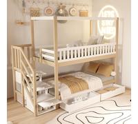 Litera para cama infantil, 90 x 200 cm, madera maciza, diseño de rejilla de seguridad, con estantes y escalera de seguridad, diseño de esquema de color blanco y original de madera (blanco+color madera