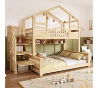 Litera para niños, aspecto de madera natural, 90 x 200 cm, parte superior 140 x 200 cm, armario de escaleras, espacio de almacenamiento, estantes, ascenso seguro, ideal para familias, padres