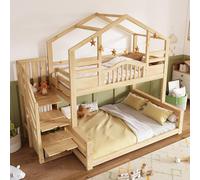 Litera para niños, aspecto de madera natural, 90 x 200 cm, parte superior, 140 x 200 cm, con armario para escaleras, estanterías, ascenso seguro, ideal para familias, también para padres o jóvenes