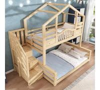 Litera para niños, aspecto de madera natural, 90 x 200 cm, parte superior, 140 x 200 cm, con armario para escaleras, estanterías, ascenso seguro, ideal para familias, también para padres o jóvenes