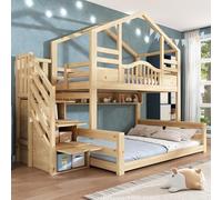 Litera para niños, aspecto de madera natural, 90 x 200 cm, parte superior, 140 x 200 cm, con armario para escaleras, estanterías, ascenso seguro, ideal para familias, también para padres o jóvenes
