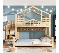 Litera para niños, aspecto de madera natural, 90 x 200 cm, parte superior, 140 x 200 cm, con armario para escaleras, estanterías, ascenso seguro, ideal para familias, también para padres o jóvenes