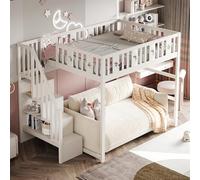 Litera para niños con escaleras, cama alta de madera maciza con barandillas de seguridad, decoración de estrellas y lunas, color blanco (140 x 200 cm)