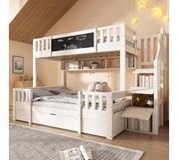 Litera Para Niños de 3 Plazas con Pizarra + Cajón Extraíble, Cama Infantil con Escalera Portaobjetos, 3 Compartimentos Portaobjetos, Litera Ahorraespacio 90x200+140x200 cm, Madera Maciza, EN747
