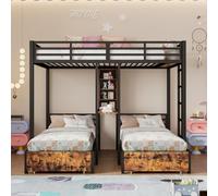 Litera para niños de 3 plazas, litera para niños/adultos con 2 cajones, cama alta para 3 personas con 4 compartimentos de almacenamiento, 1 estante, barras de seguridad, hierro, 140 x 200 cm + 90 x