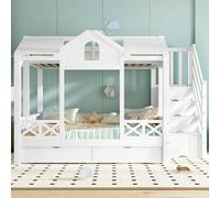 Litera para niños, litera infantil con 2 cajones con ruedas, cama alta de matrimonio 90 x 200 + 140 x 200 cm, cama infantil con escaleras portaobjetos, ventana y dosel, color blanco