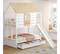Litera para niños, litera para niños, 90 x 200 cm, cama infantil con forma de casa con tobogán, cama alta de matrimonio con 2 cajones, ventana, barrera de seguridad, blanco + natural